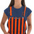 Close-up of navy blue and orange striped overalls chest pocket, Game Bibs logo, and buckles.