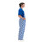 Profile view highlighting the relaxed fit and two side buttons on blue and white checkered game bibs.