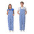 Male and female models standing side-by-side in royal blue and white checkered overalls.
