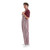 Side profile view of a male model showcasing burgundy and white striped overalls with two side buttons.