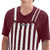 Front bib detail of burgundy and white striped overalls, premium sports fan apparel for stadium wear.
