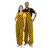 Male and female models standing together wearing matching black and yellow checkered overalls.