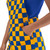Branded two-button side closure on royal blue and yellow checkered overalls for durable tailgating wear.