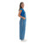 Side profile view of a female model showcasing blue and silver striped overalls with hand in pocket.