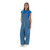 Blue and silver striped overalls on a female fan, premium tailgating gear for the sports season.