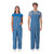 Male and female models standing side-by-side while wearing matching blue and silver striped overalls.