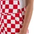 Side waist pocket detail on red and white game bibs featuring a clean two-button closure layout.