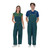 Male and female models standing together wearing matching navy blue and green striped overalls.