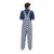Back angle of navy blue and white checkered game bibs, showcasing the secure cross-back strap design.
