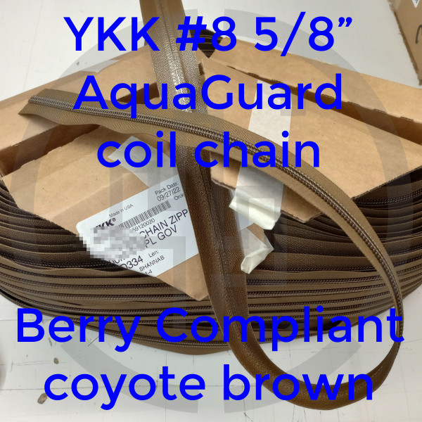 YKK® AquaGuard® Water Repellent Berry Compliant Zippers #8 coil chain, 5/8" tape, satin coyote brown