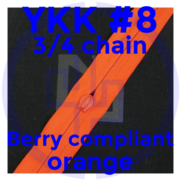 #8 YKK GOV 3/4 coil chain zipper milspec A-A-55634, Berry compliant, orange