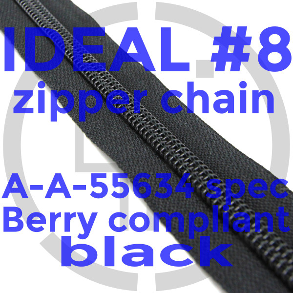 #8 IDEAL 3/4 coil chain zipper milspec A-A-55634, Berry compliant, black