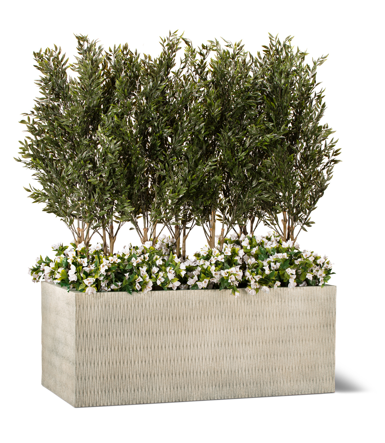 Low maintenance UV outdoor rated trees, bushes and flowers planted in commercial size planters for privacy, delineating spaces and more, custom work available. 