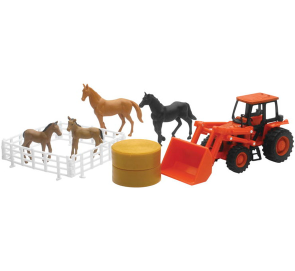 New Ray Toys 1:32 Kubota Tractor Farm Tractor with Front Loader and Horses Set SS-15835A