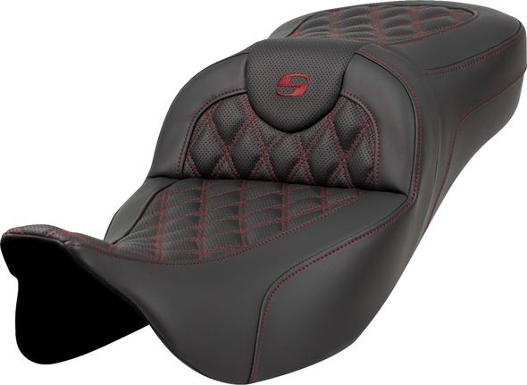 SADDLEMEN Extended Reach Roadsofa* Seat - Lattice Stitch - Burgundy Stitch - without Backrest - FL '08-'24 808-07B-18408
