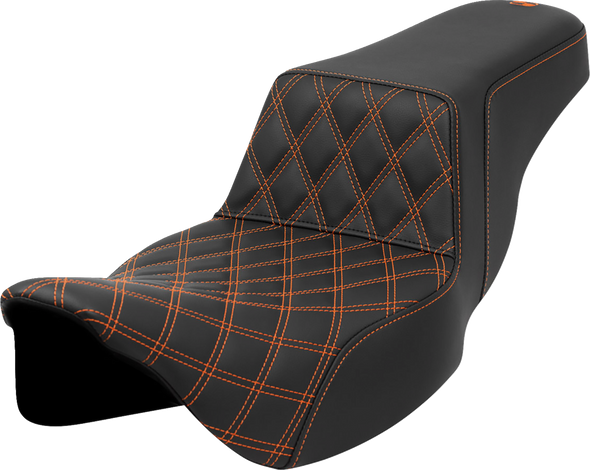 SADDLEMEN Step-Up Seat - Front Lattice Stitch - Orange Stitch - Extended Reach - FLH/FLT '08-'23 808-07E-17203