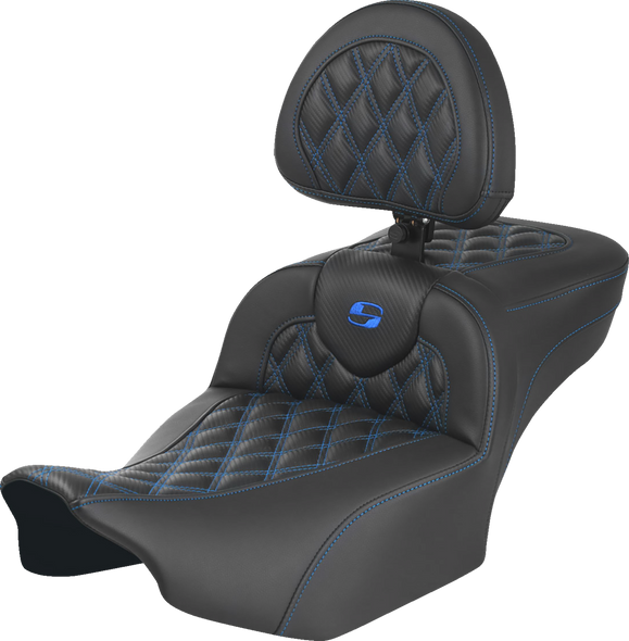 SADDLEMEN Roadsofa* Extended Reach Seat - with Backrest - Lattice Stitch - Blue Stitch - FLTR/FLHX '23-'24 823-07-207B1