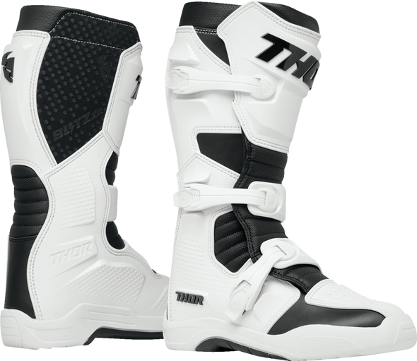 THOR Blitz XR Boots Size 12 by THOR * White and Black Motorcycle Riding Gear with Adjustable Fit and Enhanced Protection