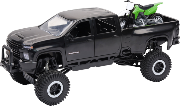 New-Ray 1:20 Scale Chevrolet 3500 Hd Offroad Pickup W/Grn Dirt Bike Ss-37596