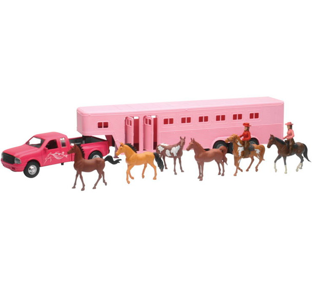 New Ray Toys 1:32 Pickup with Trailer Set Pink Pickup with Fifth Wheel Horse Trailer Set SS-15395