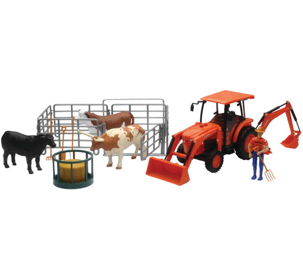 New Ray Toys 1:18 Kubota Light & Sound L6060 Tractor with Ranch Cow Set SS-33313