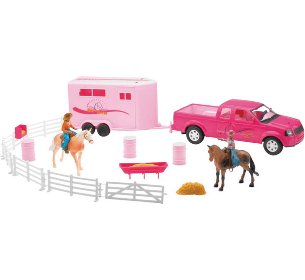 New Ray Toys Valley Ranch Playset Pickup with Trailer Fencing and Horses SS-37335A