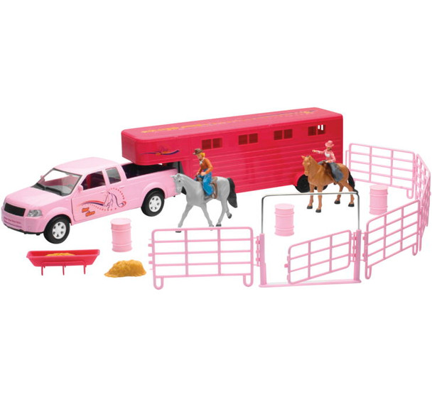 New Ray Toys Valley Ranch Playset Pickup with Trailer Fencing and Horses SS-37035D