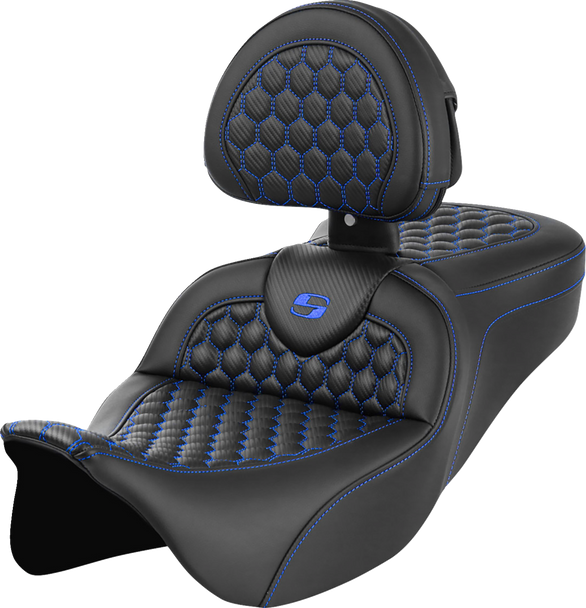 SADDLEMEN RoadSofa* Seat - Honeycomb - Blue Stitch - with Backrest - FLH/FLT '08-'23 808-07B-189B1