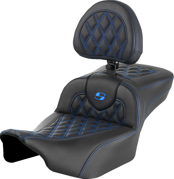 SADDLEMEN Roadsofa* Extended Reach Seat - with Backrest - Lattice Stitch - Blue Stitch - FLTR/FLHX '23-'24 823-07-184B1