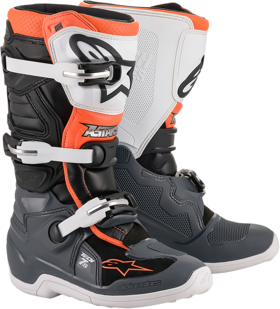 Alpinestars Youth Tech 7S Motorcycle Boot - Black, Gray, White, and Fluorescent Orange US 5 / EU 38