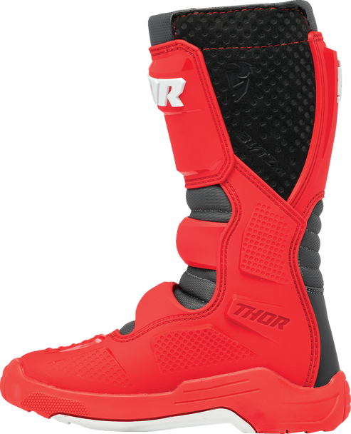 THOR Youth Blitz XR Boots Size 2 - Red and Charcoal with Injection Molded Shin Plate and Steel Shank