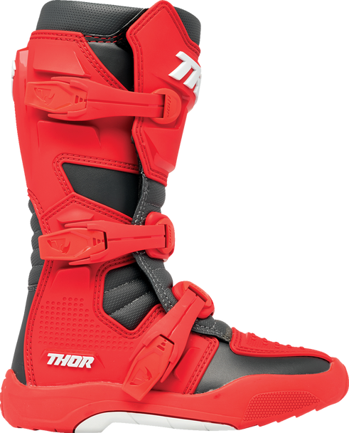 THOR Youth Blitz XR Boots Size 2 - Red and Charcoal with Injection Molded Shin Plate and Steel Shank