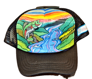 Black Trout Steelhead Fishing Hat - Low-Profile Trucker, Mesh back, Adjustable Snapback Black Trout Steelhead Fishing Hat - Low-Profile Trucker, Mesh back, Adjustable Snapback