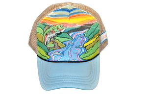 Light Blue Trout Steelhead Fishing Hat - Low-Profile Trucker, Mesh back, Adjustable Snapback Light Blue Trout Steelhead Fishing Hat - Low-Profile Trucker, Mesh back, Adjustable Snapback