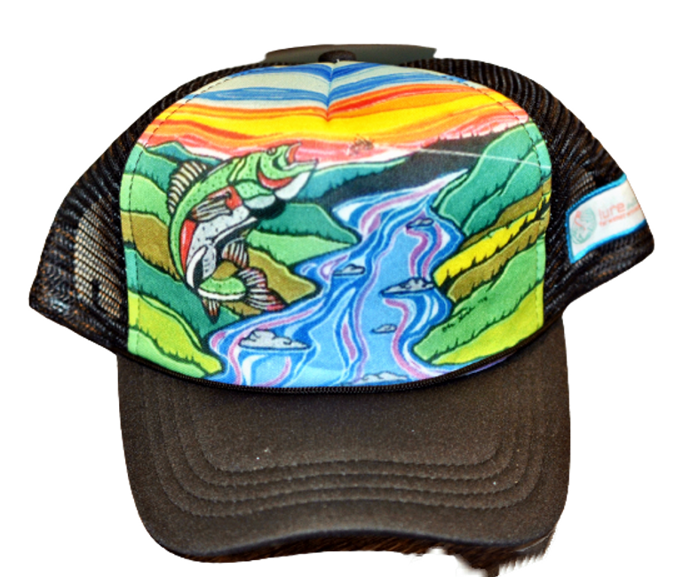 Black Trout Steelhead Fishing Hat - Low-Profile Trucker, Mesh back, Adjustable Snapback