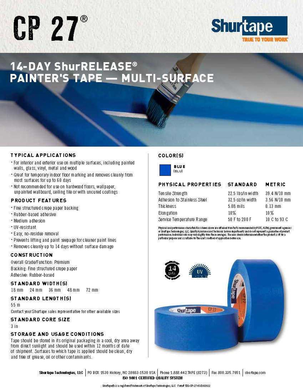 Shurtape CP 27 14-Day ShurRELEASE® Blue Painter's Tape - Multi-Surface