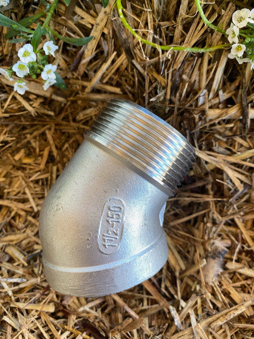 Elbow, 40mm (1 1/2" BSP) 316 Stainless Steel with 45 Degree BSP Male x BSP Female Threads Elbow, 40mm (1 1/2" BSP) 316 Stainless Steel with 45 Degree BSP Male x BSP Female Threads