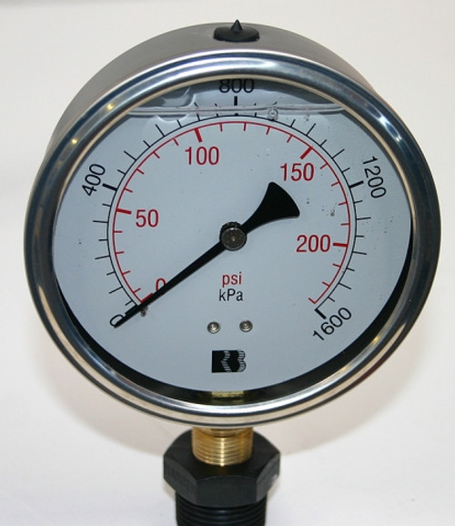 Pressure Gauge 0 - 1,600 kpa Glycerine Filled 100mm Dial