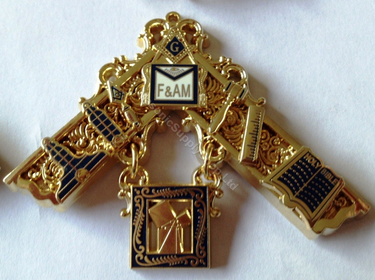 Past Master Pillar Breast Jewel with Working Tools All Seeing Eye Gold  finish