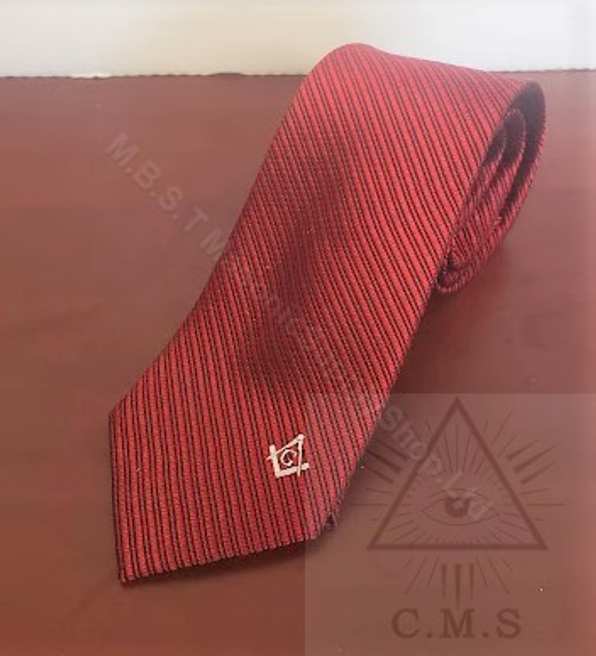 Masonic Red 100% Silk Tie with subtle Striping Design with Silver Square &  Compass Design slim line 3 inch