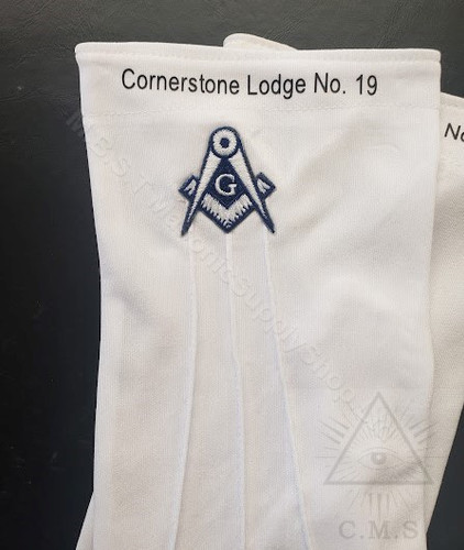    Masonic Dress Gloves with Silver  Square & Compass  with Lodge Name   12 pack