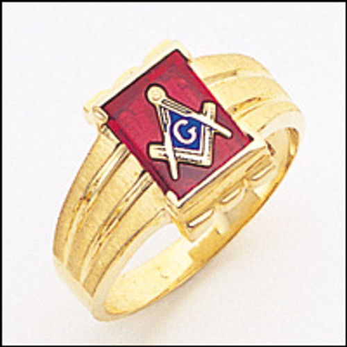 Masonic Gold Ring with Rectangular Face  Red Stone     Style 2