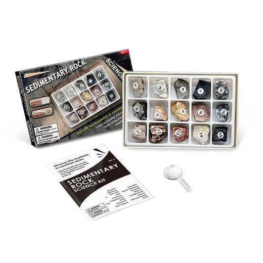 Sedimentary Rock Kit – 15 Real Specimens with Magnifying Glass & Learning Guide – STEM Geology Set – Ages 8+ Damaged Packaging