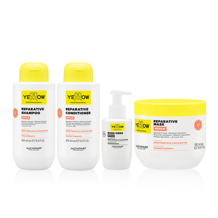 Kit Alfaparf Yellow Repair Home Care Complete Almond Proteins Cacao Normal Thick Hair 4 units Kit Alfaparf Yellow Repair Home Care Complete Almond Proteins Cacao Normal Thick Hair 4 units