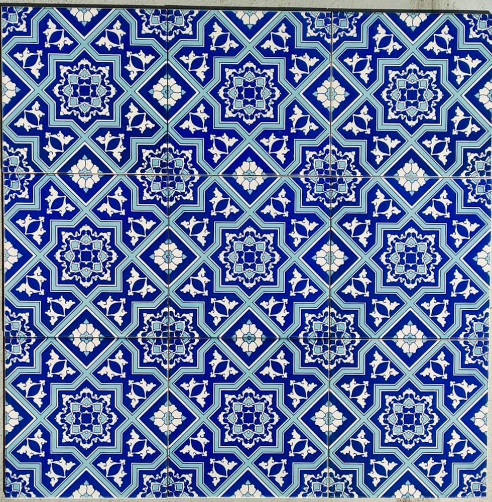Brave New World geometric patterned ceramic tile for floor 8x8" blue turquouse 8 pointed start