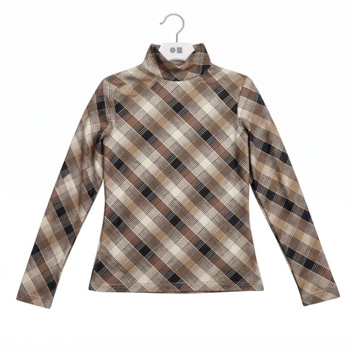Diagonal Plaid Print Mockneck Long Sleeve