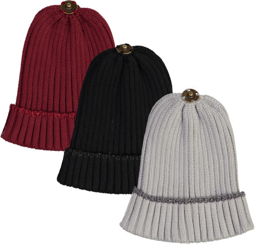 Max Colors Lurex Rim Ribbed Unisex Winter Hat with Snap for Pompom