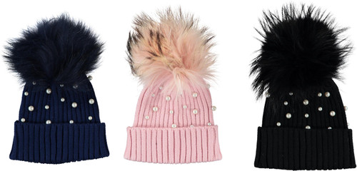 MC Ribbed Knit Unisex Hat With Pearls & Pompom- PM-192280