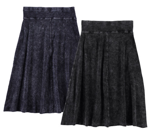 Womens Rib Denim Wash A-line Skirt w/wide Waistband