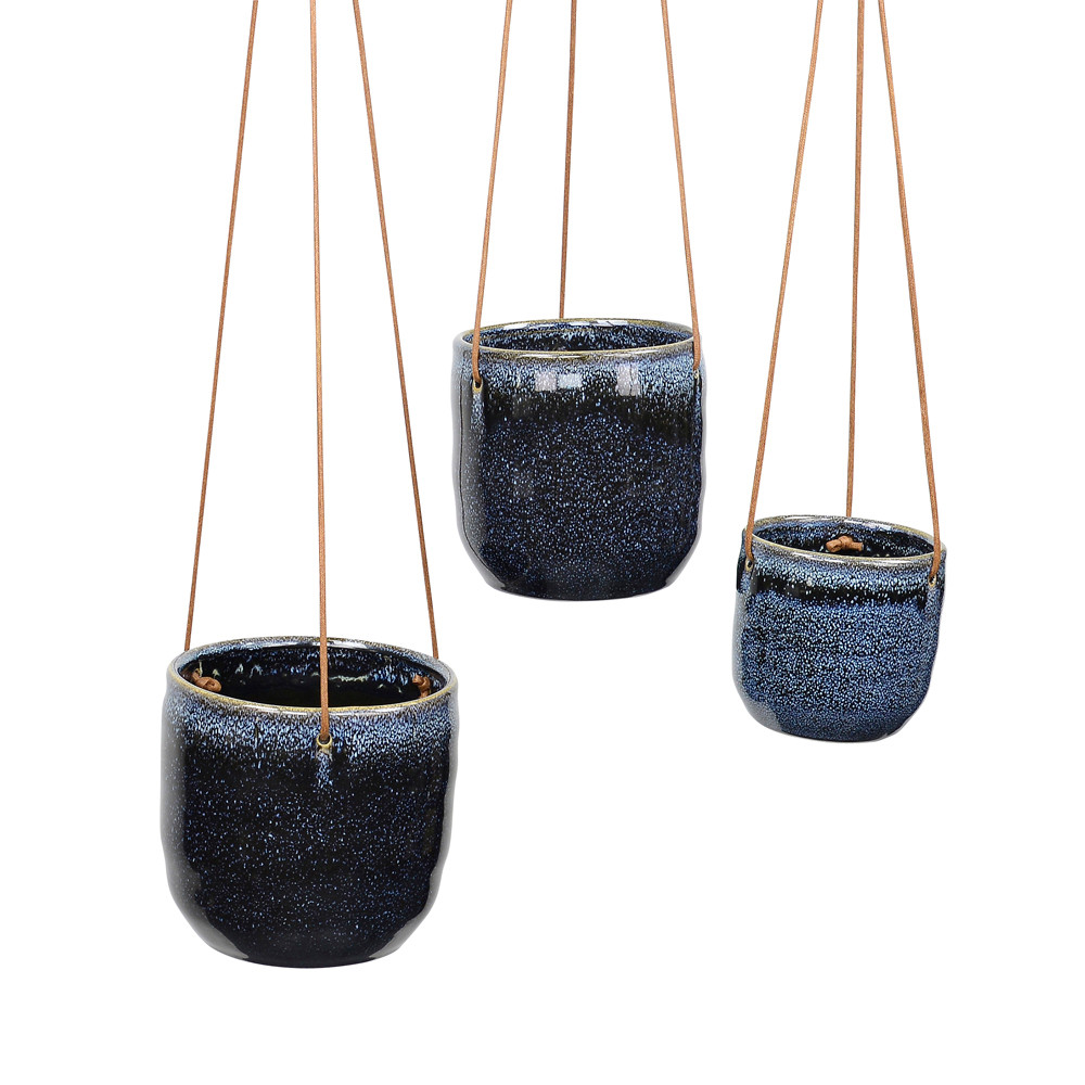 SET 3 BLUE HANGING CERAMIC PLANTERS - DHP0103
